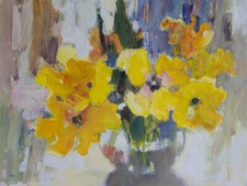 yellow flowers. Tulips in a vase. Original painting. Gouache on paper.