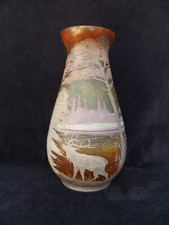 ancien vase émaillé peint signé JOMA le brame du cerf dans la foret ht 30 cm