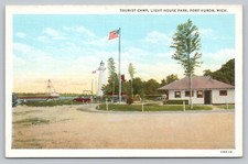 Postcard MI Port Huron Tourist Camp Light House Park Old Classic Cars Flag I5
