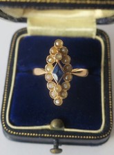 Bague marquise ancienne saphir demies perles fines or rose 18 carats XIXe France