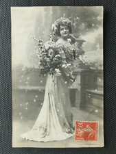 CPA Illustration of a Young Lady Wearing a Long Dress with a Bouquet