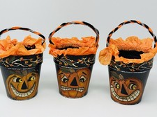 Halloween Hand Painted Pumpkin Bucket Primitive Folk Art Pail Chenil Set Of 3