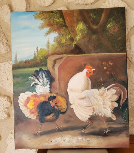 Tableau peinture coq poule - tableau,
