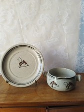 Duo grosse tasse avec soucoupe en grès moucheté décor d'oiseaux