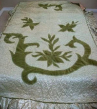 1920s Satin Applique Bedspread Green Gold Art Deco Antique Velvet Trio NY