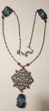 ANCIEN BIJOU COLLIER ROSACE ARGENTÉ / RÉSINE BLEUE BAROQUE / VERRE ROUGE #AG# J8