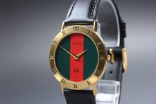 [Near MINT] GUCCI 3000M Gold 33mm Sherry Qz Red & Green Men's Watch From JAPAN