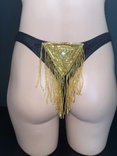 Rare Vintage Y2K Ritchie Swimwear Beaded Wetlook Black Thong Bikini Size 5/6