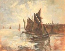Huile Du 20Ème Siècle - Bateaux Sur Le Mur Du Port