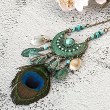 Bijou Bohémien,Collier Long,Plume Paon,Pierre Turquoise,Bronze,Mode,Idée Cadeau