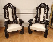 Paire grands fauteuils bois sculpté Italie Venise baroque raisin vigne XIXè