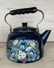 ?Pretty Hand Painted Yellow Copper Kettle Signed Vintage Blue Flower Teapot