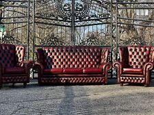 Vintage English Oxblood, Red Leather Chesterfield Sofa And Club Chairs