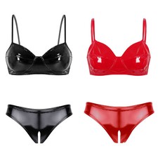 Women 2PC Lingerie Set Stretch Vinyl Wireless Bra Top with Panties Underwear