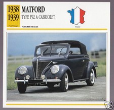 1938-1939 Matford Type F92 A Cabriolet Convertible Car Photo Spec French Card