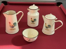 Vintage Dinnerware Set Carafe Pitcher Pot Milk Bowl Paint Enamel Rooster
