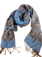 Foulard bleu motif paisley jaune et noir à franges