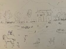 Beau Grand Dessin D’Enfant Encre XIXe Art Brut Lavis Château Cheval Chevaux