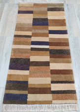 Petit tapis noué à la main 2' x 4'4" pure laine art soie 65x132 cm néo rayures
