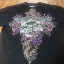 Avirex T Shirt Mens XL Tribal Skull Wings Black Y2K Purple Gold Graphic Print