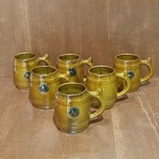 6 Chopes À Bières En Céramique D'art Cazalas, Jaune Orangé, Avec Étiquette 