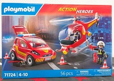 Playmobil Ensemble voiture et hélicoptère Pompiers Neuf ref 71724 56 pièces