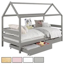 Lit cabane pour enfant 90x200 barrière sécurité 3 côtés 2 tiroirs en pin