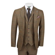 Hommes 3 Pièce Fauve Carreaux à Chevrons Costume Blazer Gilet Pantalon Vendu
