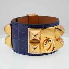 Hermes Collier de Chien Bracelet Porosus Crocodile Bleu Electrique Gold Hardware