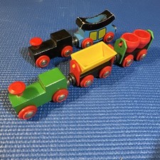 Vintage BRIO Wooden Train Engines + 3 Cars Set Wood Railway Made in Sweden 5pc