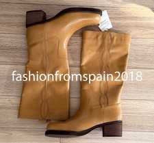 ZARA NEW WOMAN BLOCK HEEL LEATHER TOPSTITCHED BOOTS DARK TAN 35-42 3064/510/709