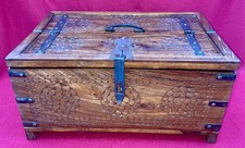 Antique wooden box carved wrought iron 41x28x20.5cm