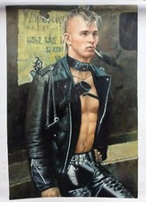 gay man SM leather original painting oil on canvas / gay leathermale oil paint