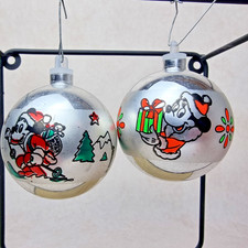 Boule Noël Vintage - Mickey Minnie Lot - Décoration Sapin Ornement Argenté