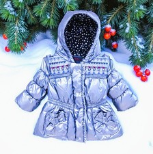 CATIMINI -NEW- MANTEAU DOUDOUNE BÉBÉ FILLE ACIER MÉTALLISÉ & BRODERIES CŒURS 6M