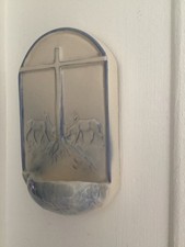 ANCIEN BENITIER DESVRES SIGNE MARIA CAULLET NANTARD DÉCOR CERF ART RELIGIEUX