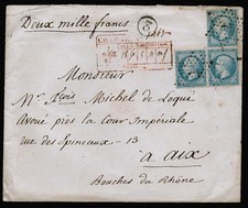 Lettre rare avec équerre de 3 Napoléon 20c dentelé N°22 Paris-Aix 1867