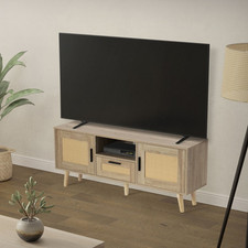 Commode TV 120 cm armoire de télévision en rotin effect chêne pieds bois massif