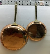 Vintage Unmarked Mauviel Style Copper 2-Piece Frying Pan Set Brass Handles 10/8”
