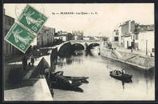 Old postcard Marans, Les Quais with boats and bridge 1909 
