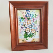 Signed Painted Enamel Floral Decor Key Wall Box Cabinet 