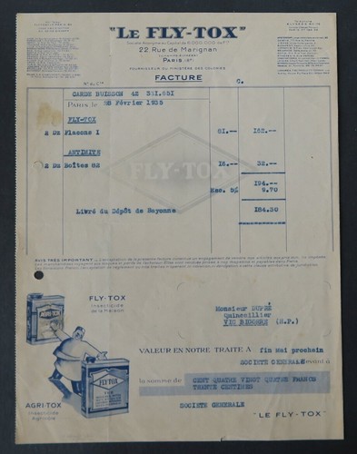 Facture paris 1935 fly - , fly-tox