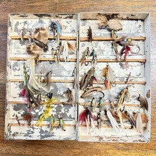 Vintage Fly Fishing 45 Hand Tied Flies in Hinged Copper Case  7.75x4.25x1.5"