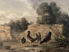 Beautiful oil painting paper 1850 chicken farm bass court Charles DE LAREMBERGUES