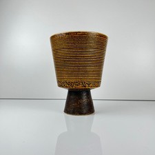Cache-pot céramique brutaliste 1970, décor « hiéroglyphes », tons brun