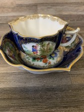 Tasse et Soucoupe Style Sèvres, Bleu Cobalt Doré -scène Galante -vintage -France