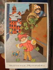 Old postcard fantasy children dog basket silver clover