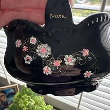  Vintage “Payot of  Paris” black porcelian basket hand painted with pink blooms