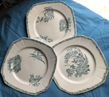 RARE LOT 3 ASSIETTES CARRÉES FF PEXONNE OISEAUX Coloris VERT Terre de fer 19eme