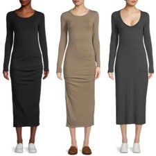 James Perse Women's Dress Long Sleeve Ruched Cotton Spandex Stretch Midi Bodycon